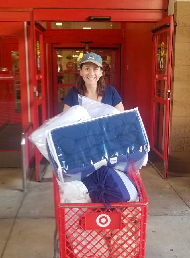 Setting up our sailboat with bedding at Target