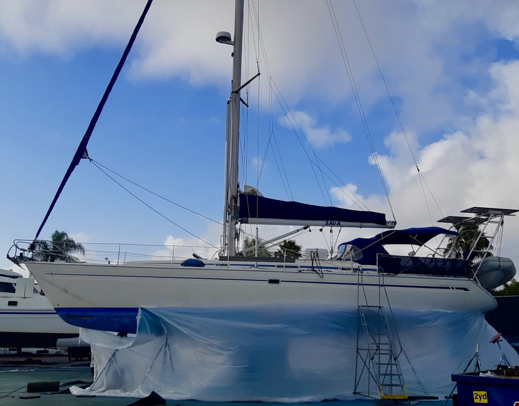 Sava sailboat on the hard in the yard