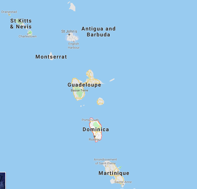 Map of the Eastern Caribbean islands including Dominica