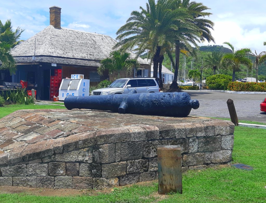 Nelson's Dockyard cannon outside the liquor store