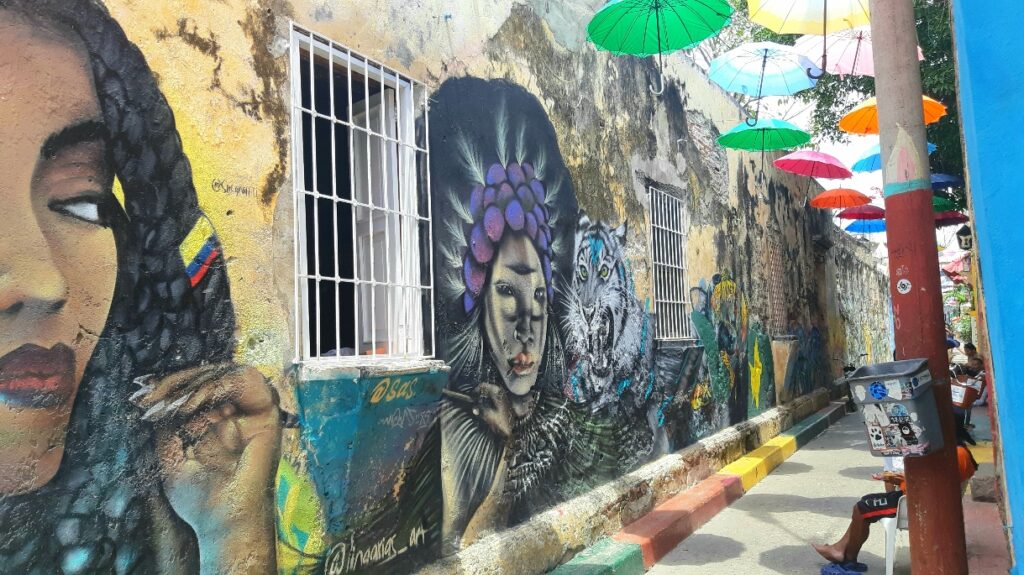 Umbrella street street art in Getsemani