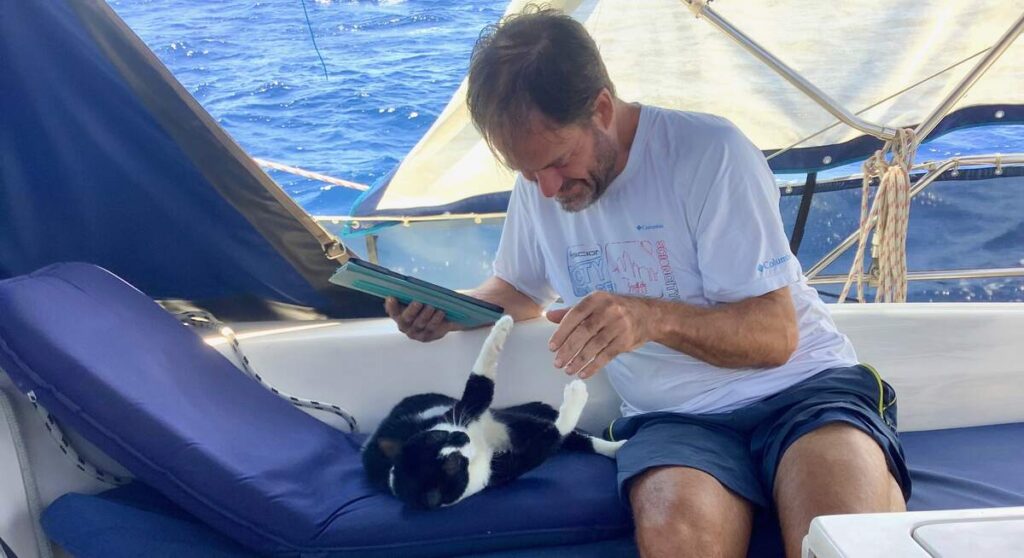 cat on a boat thirty days at sea from Panama to Polynesia