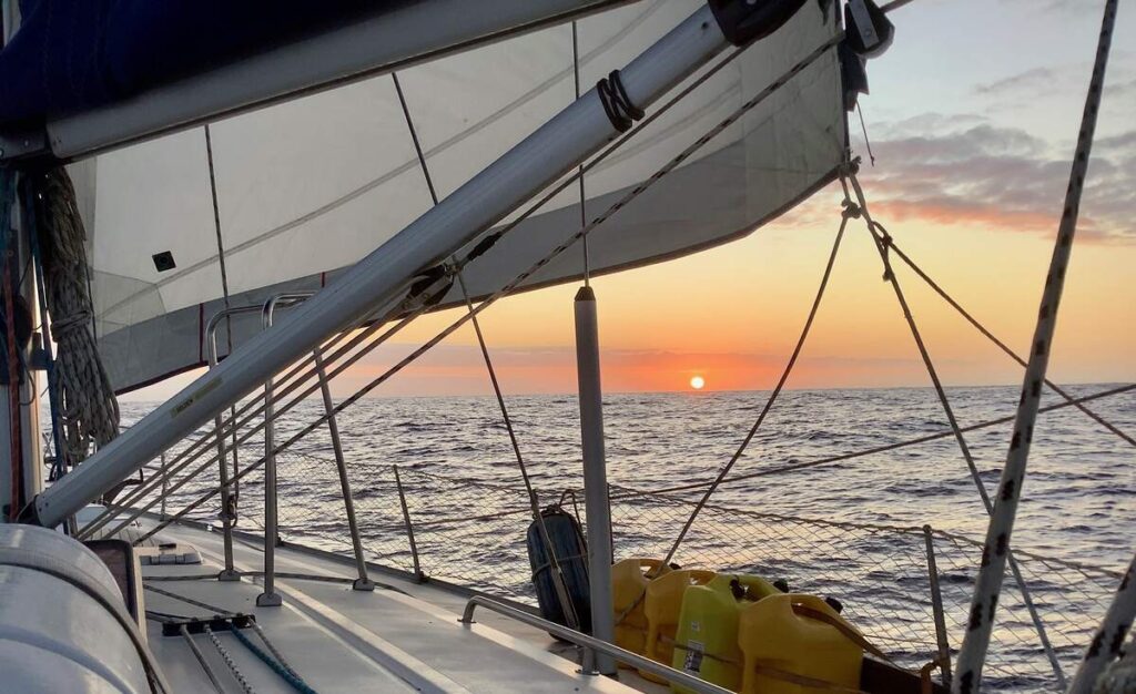 Sun set on the boat thirty days at sea from Panama to the Pacific