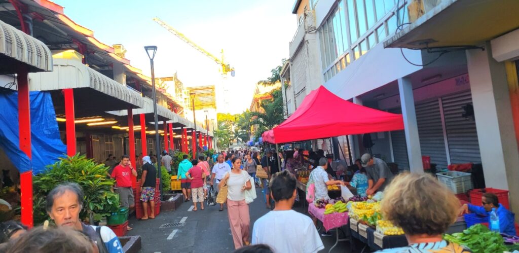 Bustling crowd at Papeete municipal market