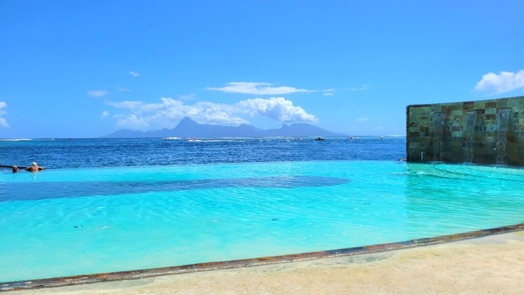 Infinity pool at a Tahiti resort, view of Moorea