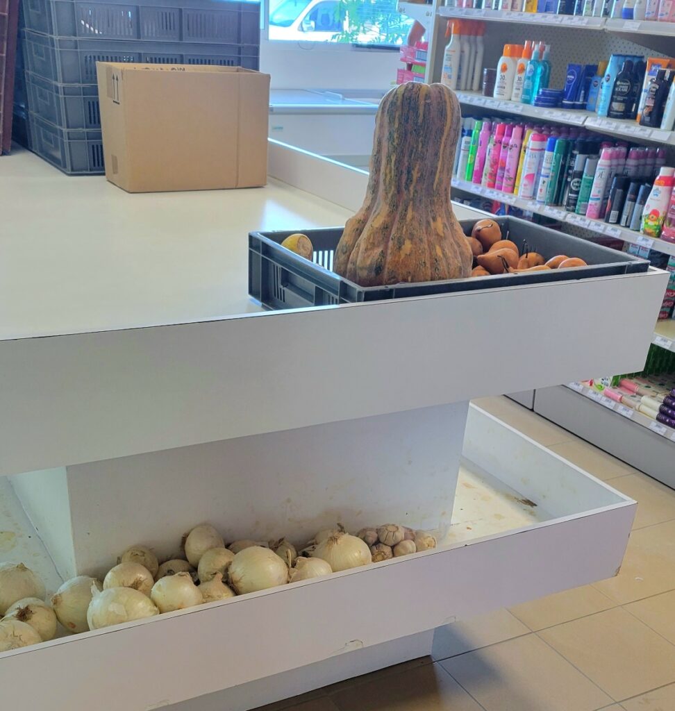 limited produce in paradise, some onions and potatoes on empty shelf in market