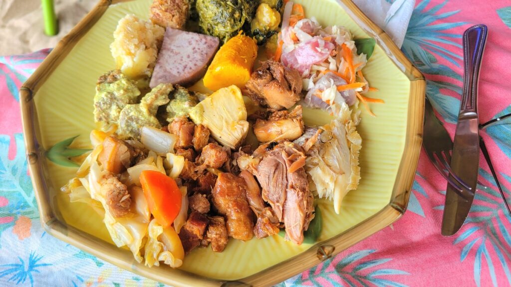 A full plate of Polynesian food from a Marquesan oven