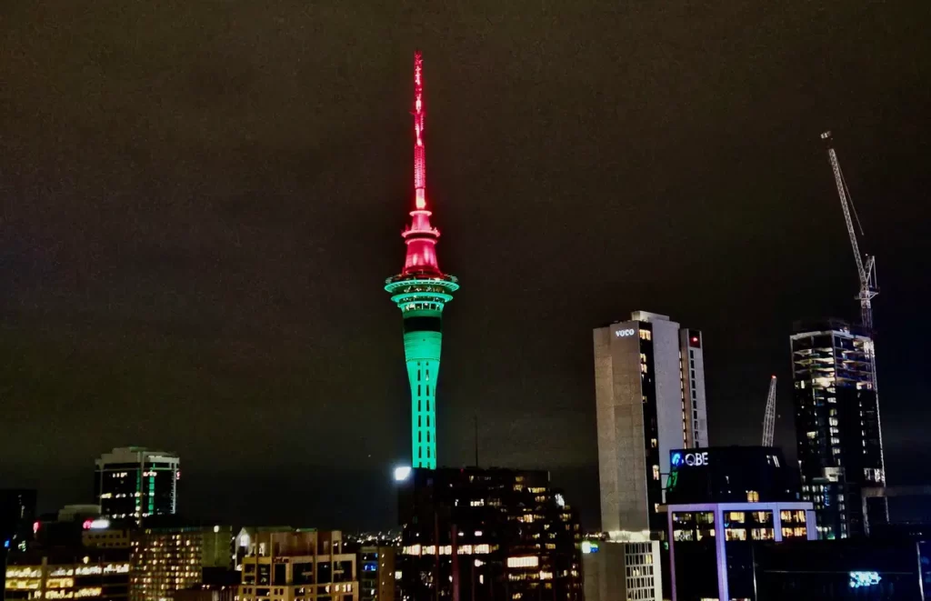 Auckland's Sky Tower lit in Christmas colors