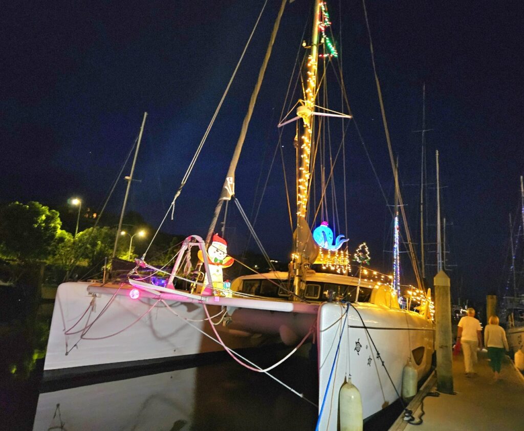 Boat decorated in Christmas lights