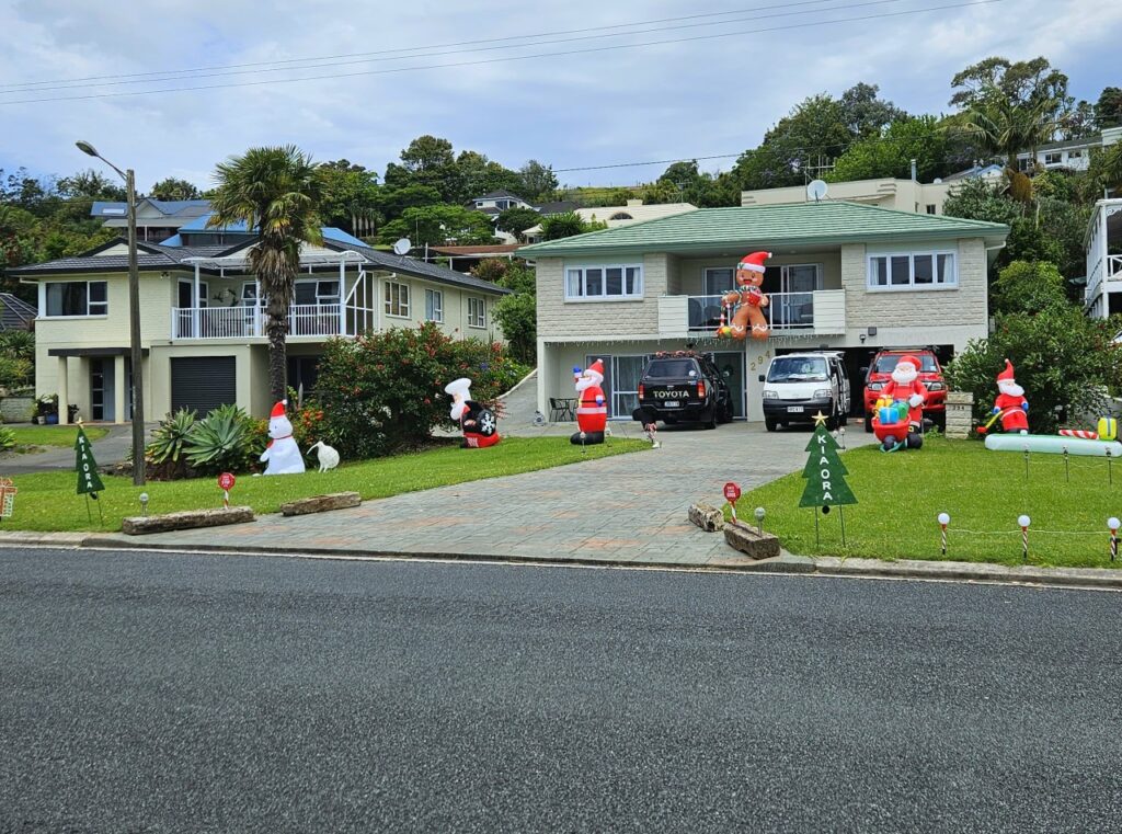 Christmas decorations on a house, santas