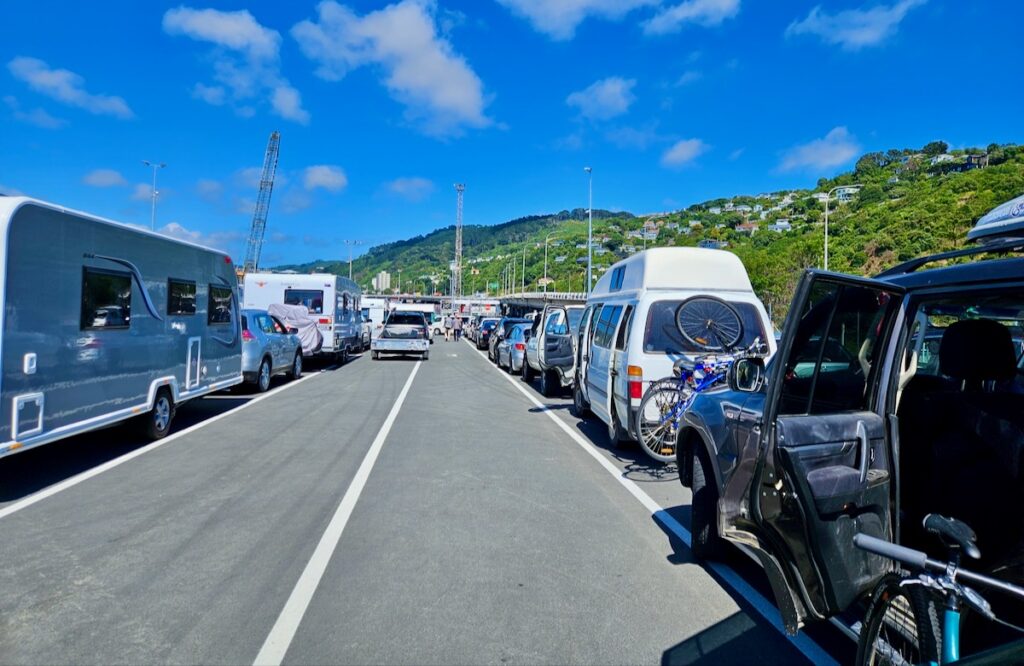 Car line up, ferry in Wellington, New Zealand