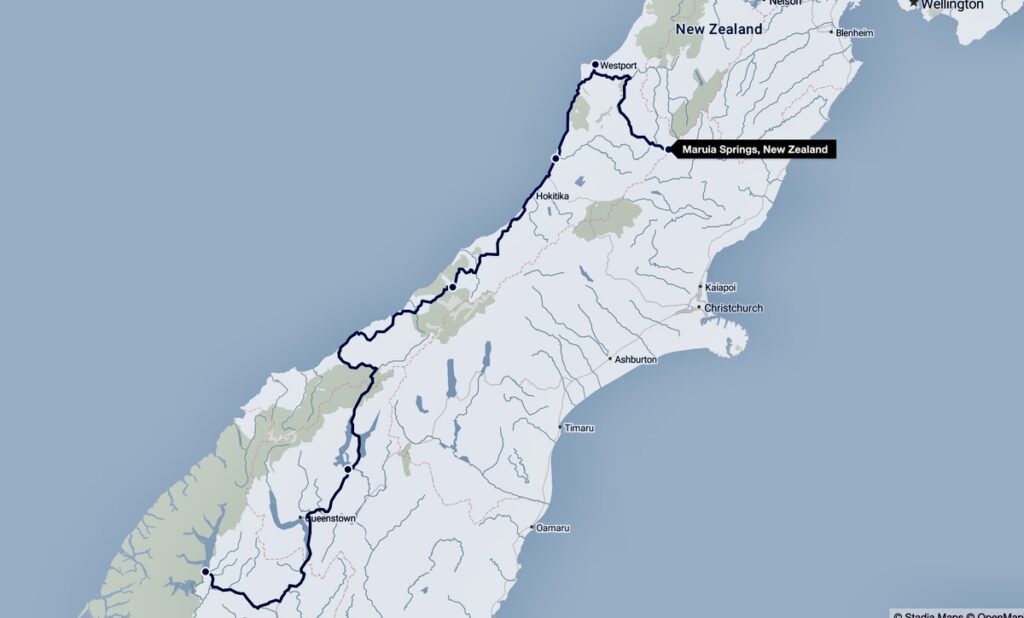 New Zealand road trip route map South island west