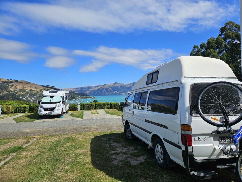 exploring New Zealand by campervan in Akaroa view