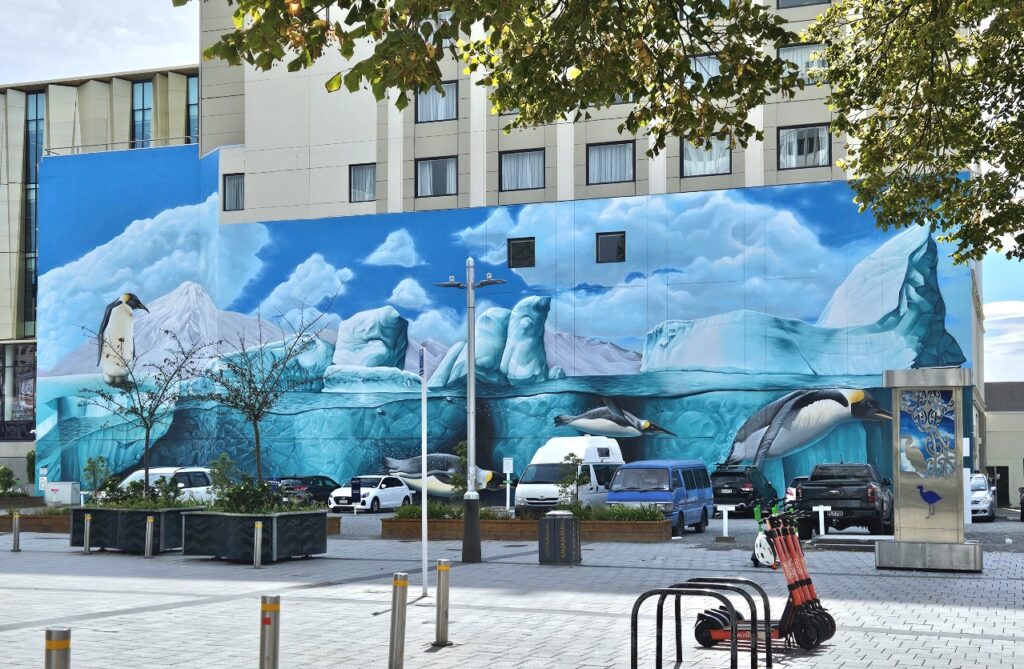 Antarctic mural, penguins and glaciers, Christchurch street art