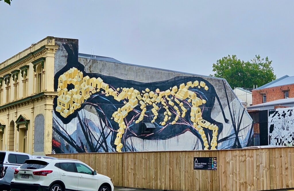 Mural, skeleton, street art in New Zealand's north island