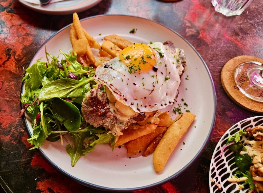 steak and egg, fries