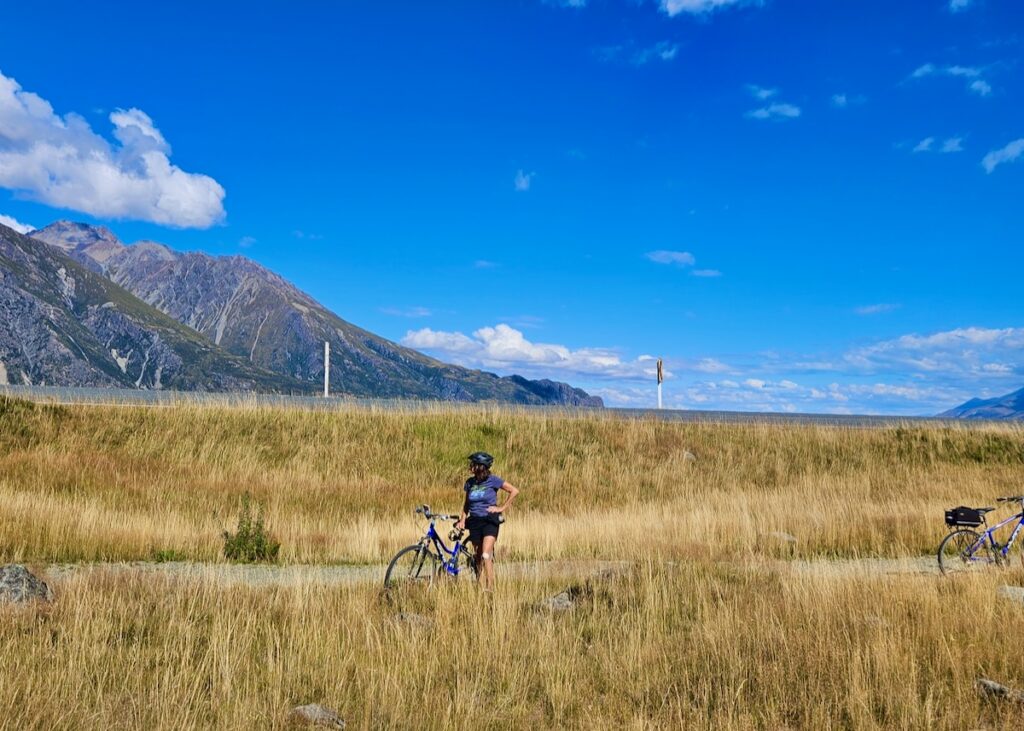 on a bike near Mount Cook