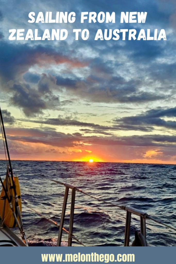 Pin sail from New Zealand to Australia sunset