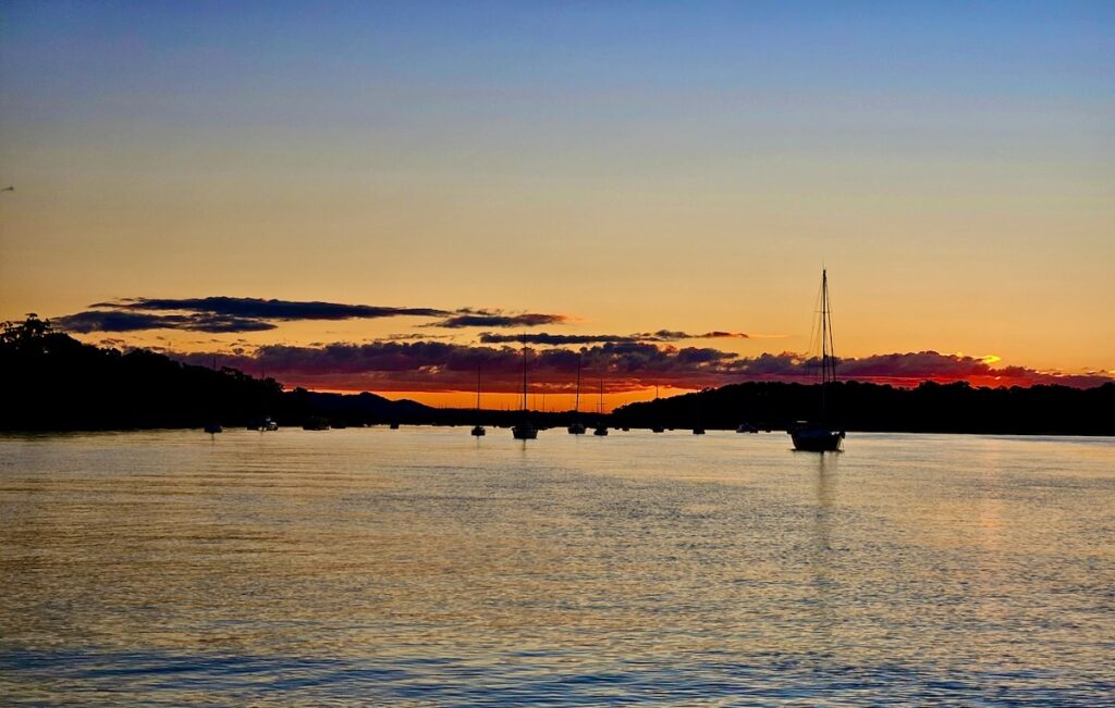 Anchored in Karragarra at sunset, cruising from Gold Coast to Brisbane