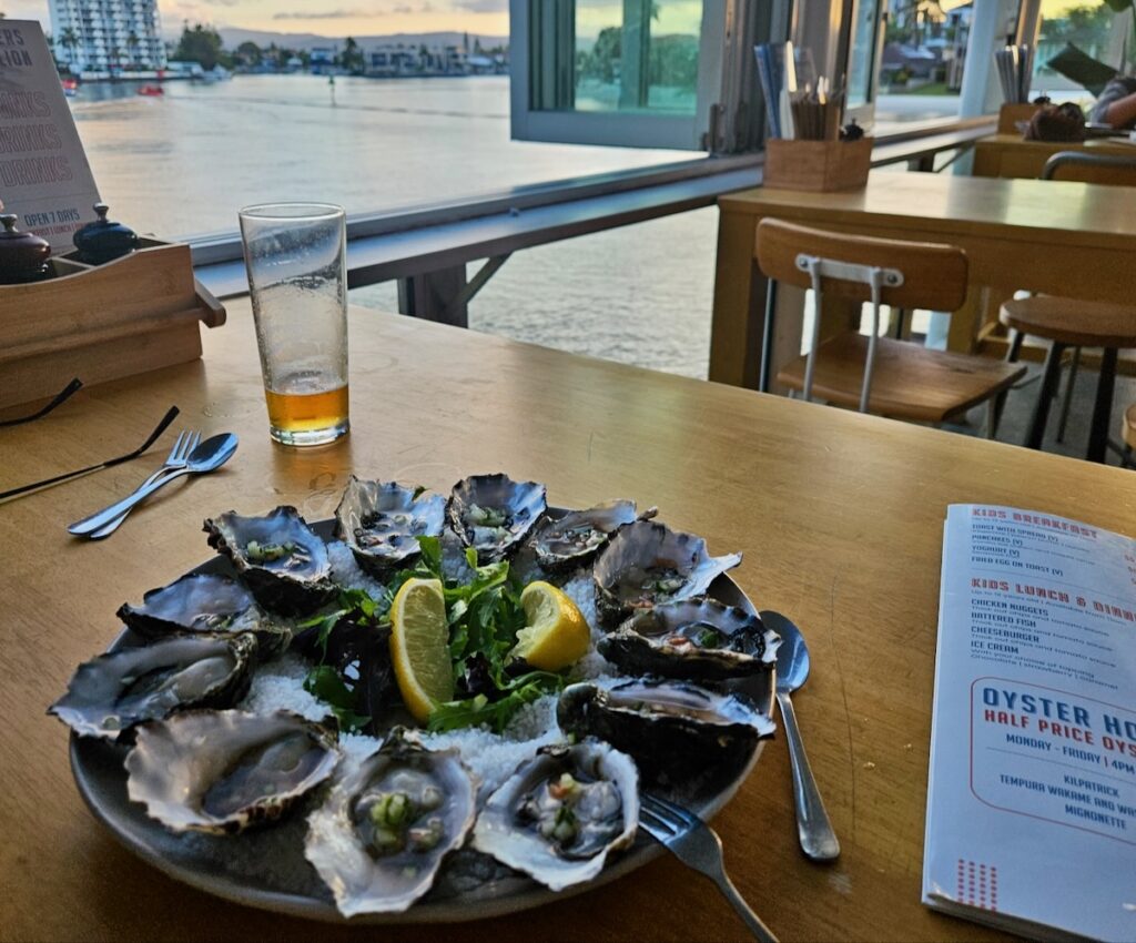 oyster platter, beer, view, restaurant