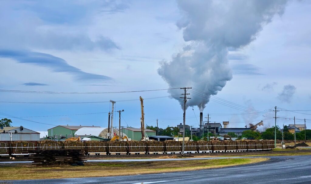 iconic Bundaberg scenery, smokestacks and sugar train