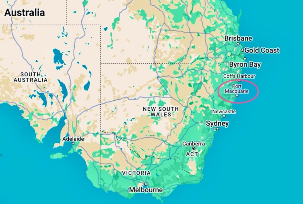 Port Macquarie on a map east coast Australia