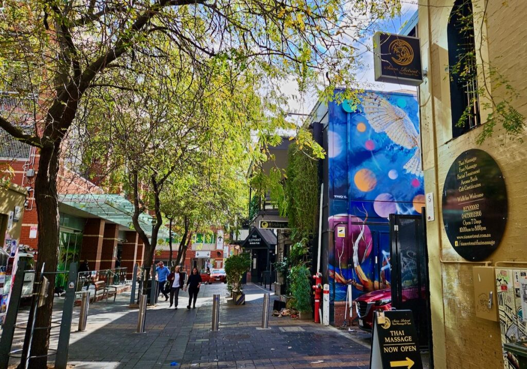 Adelaide street life, art, trees, pedestrians