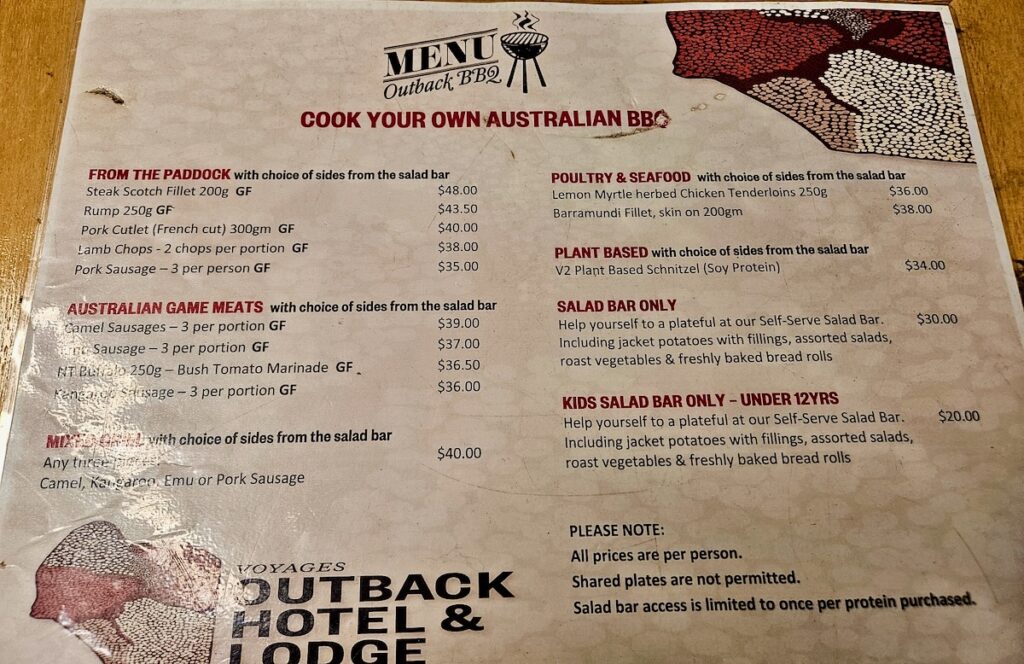 Outback BBQ menu in Yulara