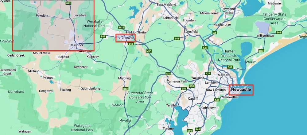 Map Newcastle to Hunter Valley drive