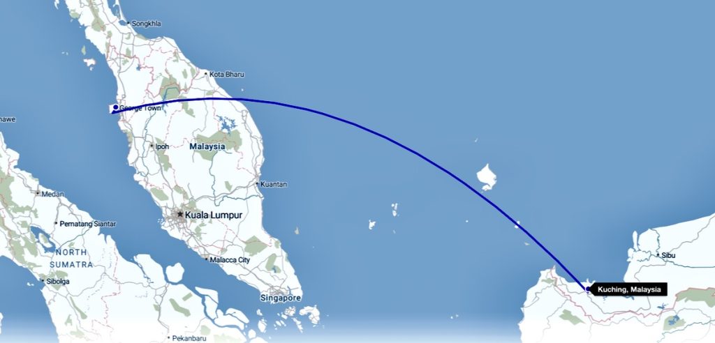 Flight map George Town to Kuching Malaysia